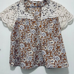 Floral Lace Trim Top - Brown